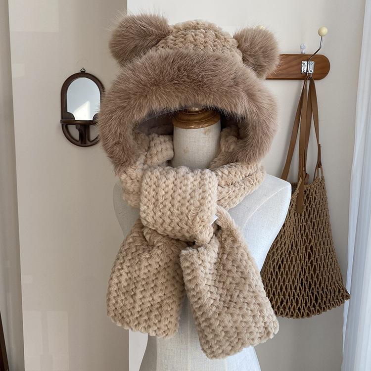 Cute Mao Mao Ears Integrated Hat Scarf Gloves Three-piece Set Women's Winter Cycling Warm Versatile Windproof Ear Cap