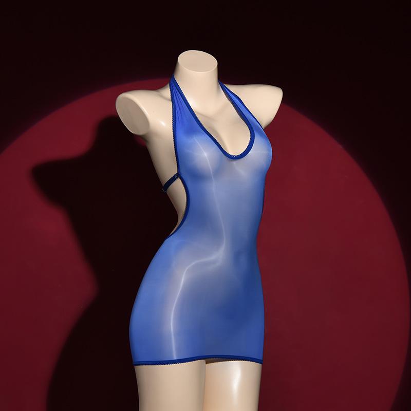 Glossy Ultra-Thin V-Neck Bodycon Dress Horse Oil Stockings Temptation Bed Black Silk Smooth Sexy Tight Mini Dress