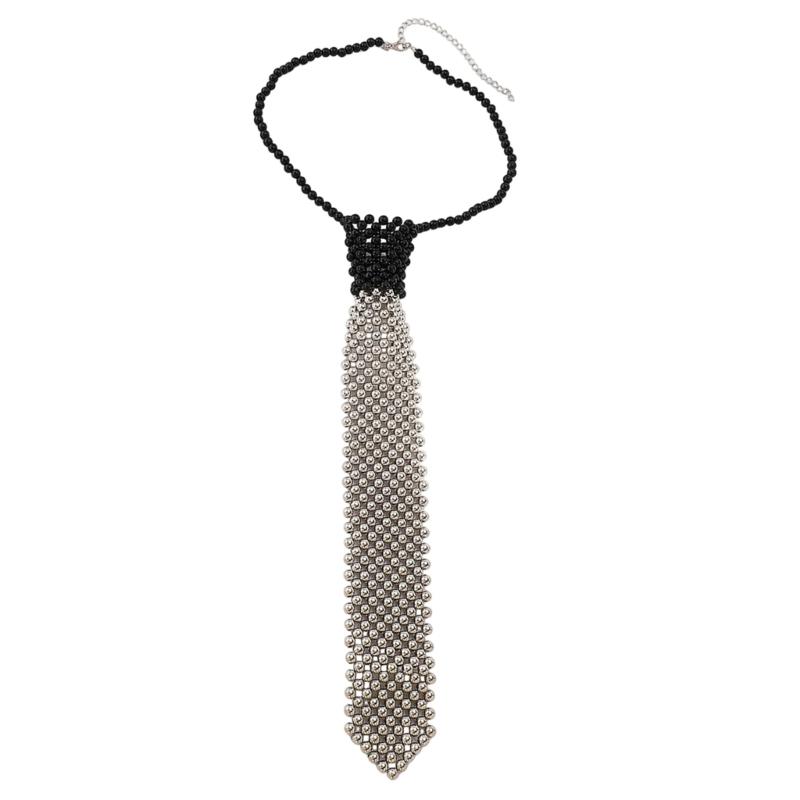 Elegant Tie Necklace with Sparkling Pearls for Formal Occasion Uniform Tie Punk Jeweled Necktie