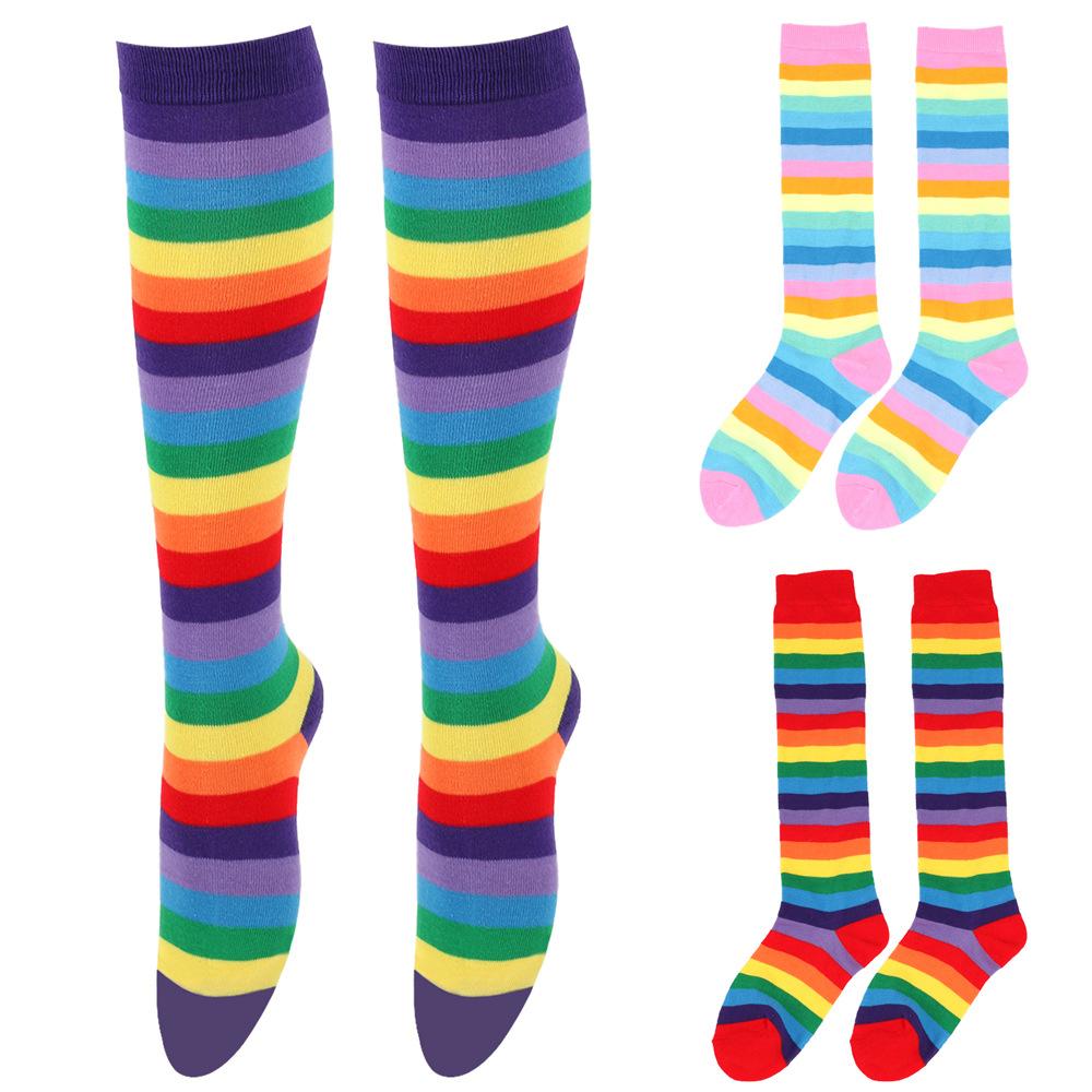 Chaussettes longues en coton à rayures arc-en-ciel pour femmes, chaussettes colorées à la mode, bas hauts de cuisse, skateboard pour filles hip hop, au-dessus du genou