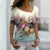 Fashion Women's Asymmetric V-neck T-shirt Spring and Summer Ladies 3D Short-sleeved Top