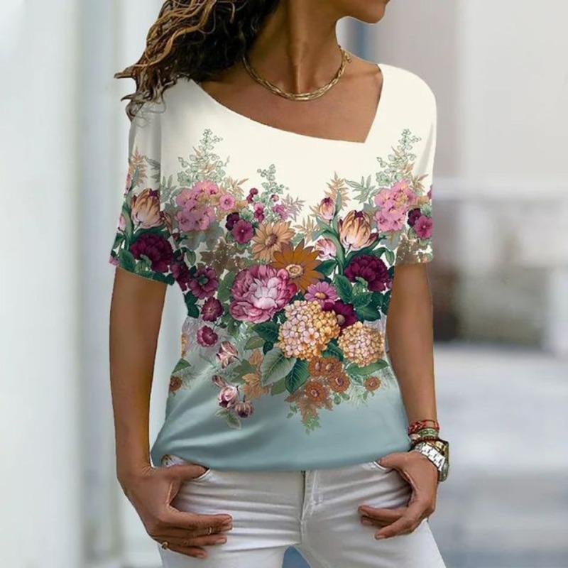 Fashion Women's Asymmetric V-neck T-shirt Spring and Summer Ladies 3D Short-sleeved Top