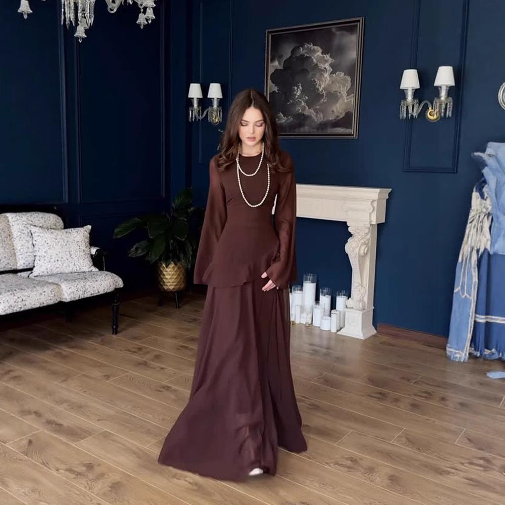 Κομψό Μπορντό Μακρυμάνικο Μάξι Φόρεμα Γυναικείο Επίσημο Βραδινό Φόρεμα