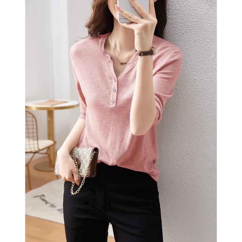 Demana Women's Lamb Wool Blend Half-Sleeve Placket Knit Top