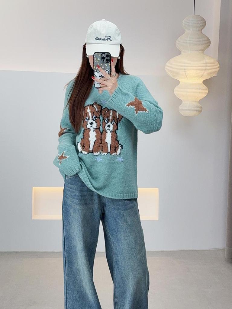 Shuangtian 2025 Winter Women's Plus Size Cartoon Puppy Knit Pullover Sweater F728