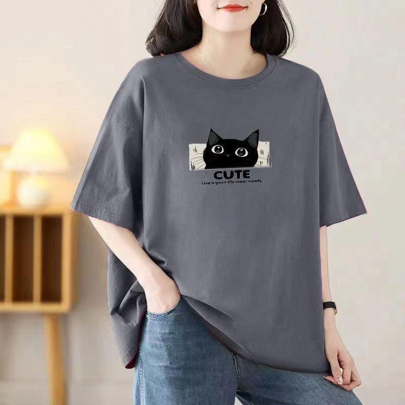 Cotton Short Sleeve T-shirt Women Loose Fashion Medium Sleeve Tops Summer Vintage T-Shirt