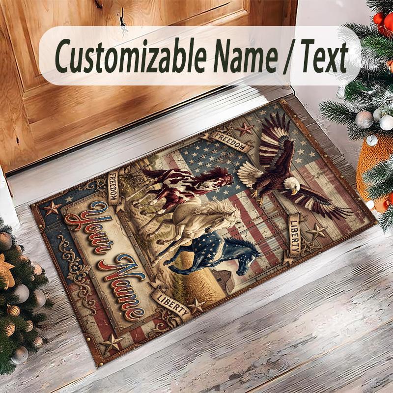 American Patriotic Theme Crystal Velvet Rug Personalized Custom Name Text Soft Floor Mat Home Decor