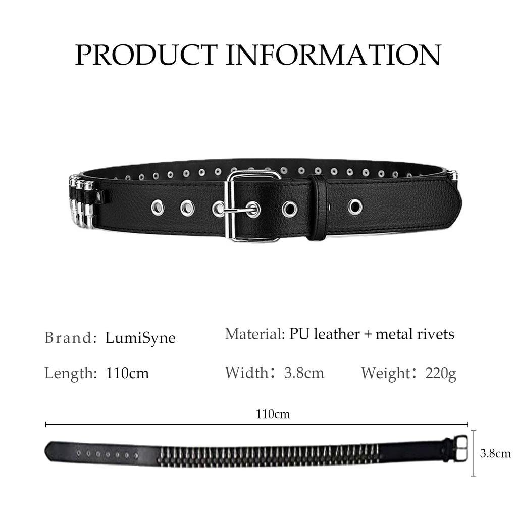 [LumiSyne] Studded Belt for Women and Men - Punk Rock Rivet Belt, Black Leather Belt with Silver Metal Decoration, Casual Belt, Unique Belt, Perfect