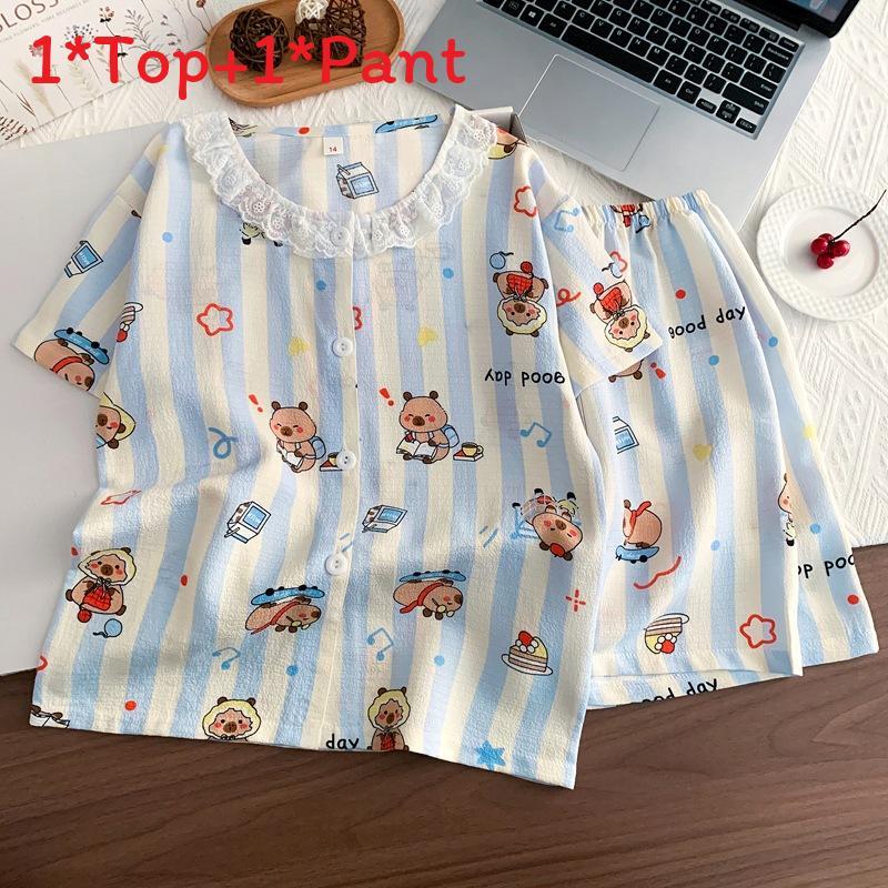 Crayon Shin Chan Hachiware Labubu Kinder-Schlafanzug-Set Aus Blasenbaumwollstoff Für Sommerlichen Komfort