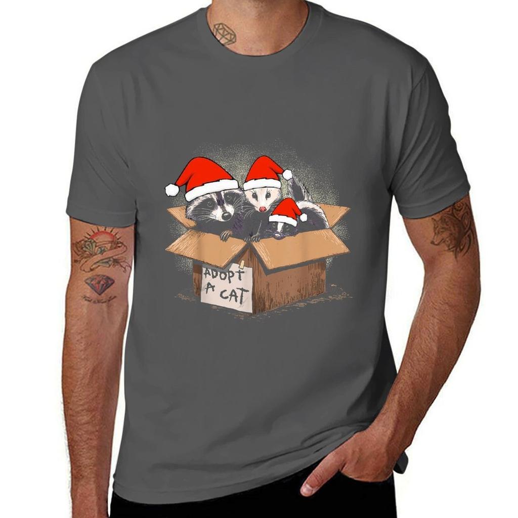 Santa Funny Unisex Unisex Kid Christmas Art Box Raccoon Opossum Skunk Gift Vintage Tshirt Casual All Match Short Sleeve Tshirt