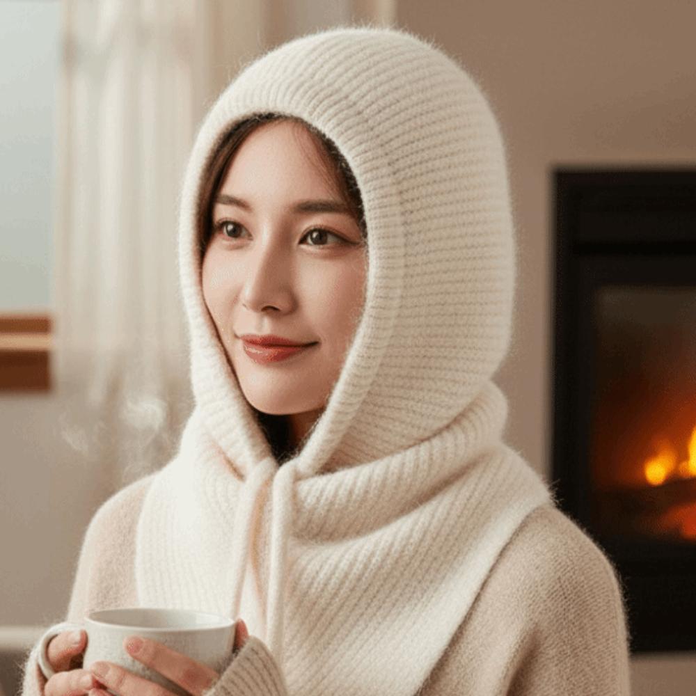 Thick Yarn Winter Balaclava Hat Ear Protection Integrated Scarf Cap Cute Knit Hood  Skiing Trip