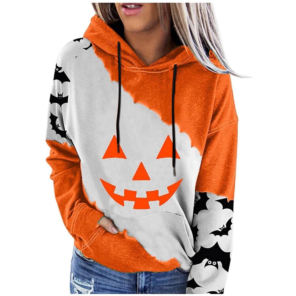 Women's Casual Fashion 2022 Halloween Print Long Sleeve Pullover Hooded Top