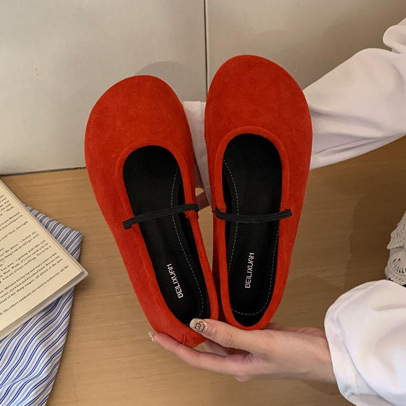 

Модные новые женские балетки с круглым носком, из флока, обувь для танцев, женская мягкая обувь, мелкие женские балетки, Мэри Джейнс, обувь Лолиты 35 красный