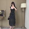 Elegant Polka Dot Mesh Camisole Dress with Waist-Cinching Slim Fit