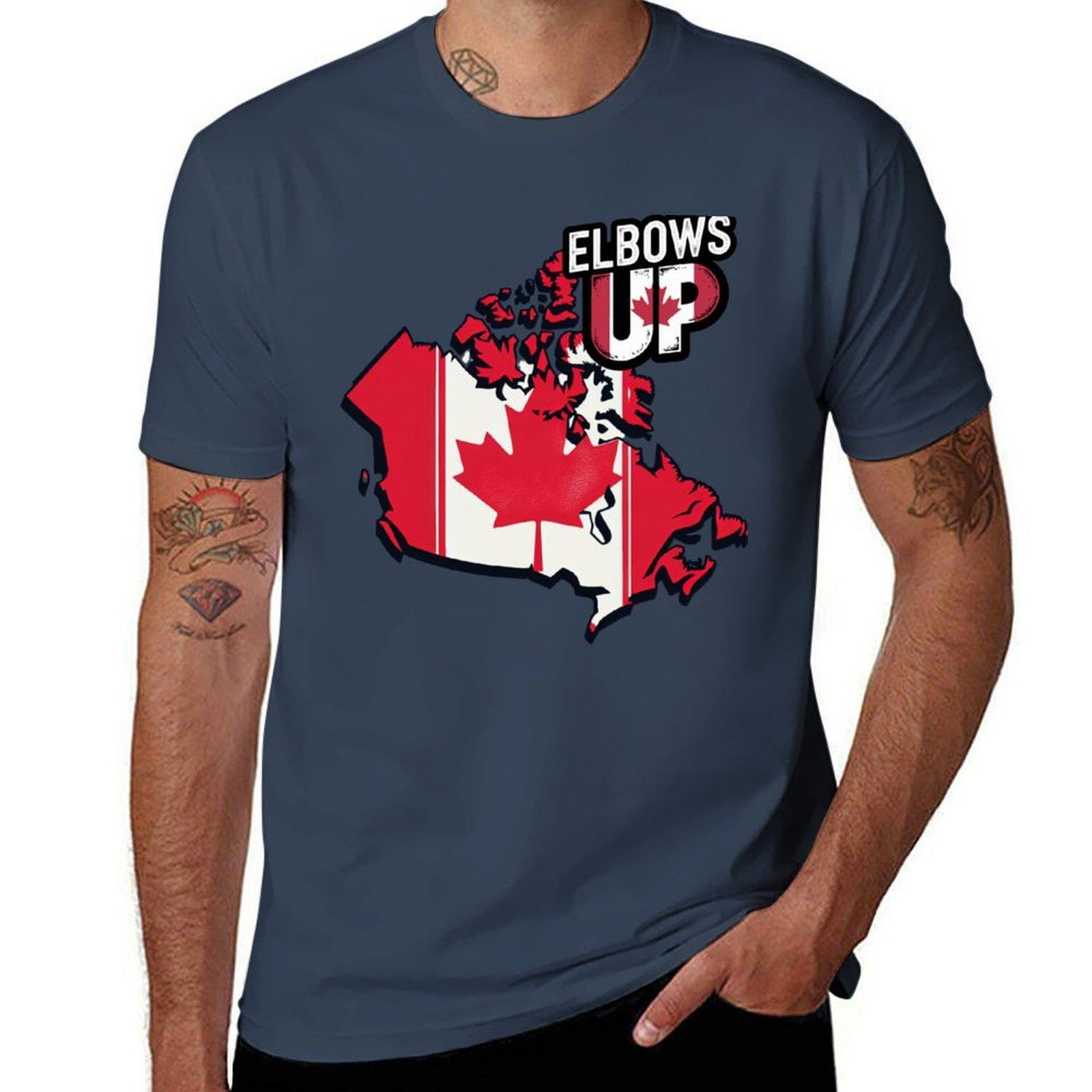 

Canadian Map with Elbows Up Phrase National Colors Design TShirt Vintage Style Printed Top S