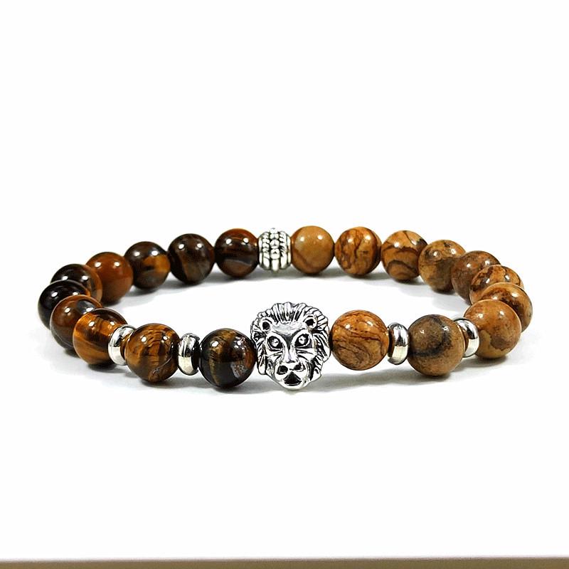 Natural Stone Tiger Eye Elastic Bracelet with Lion Beads – European & American Style