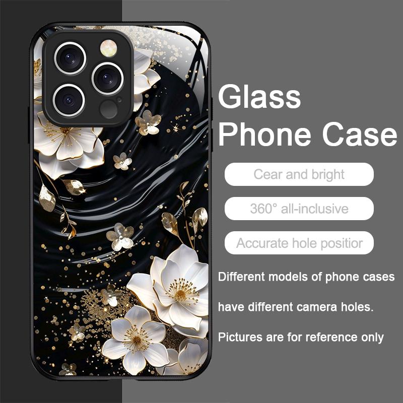 Elegante Custodia in Vetro Temperato con Motivo Fiore di Loto per iPhone 17 16 Pro Max 15 14 13 12 Mini 11 X XS MAX XR 7 8 Plus Cover