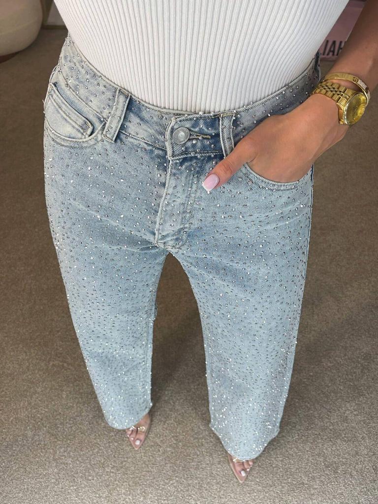 Women's Full Diamond Washed High-Waisted Straight-Leg Denim Pants
