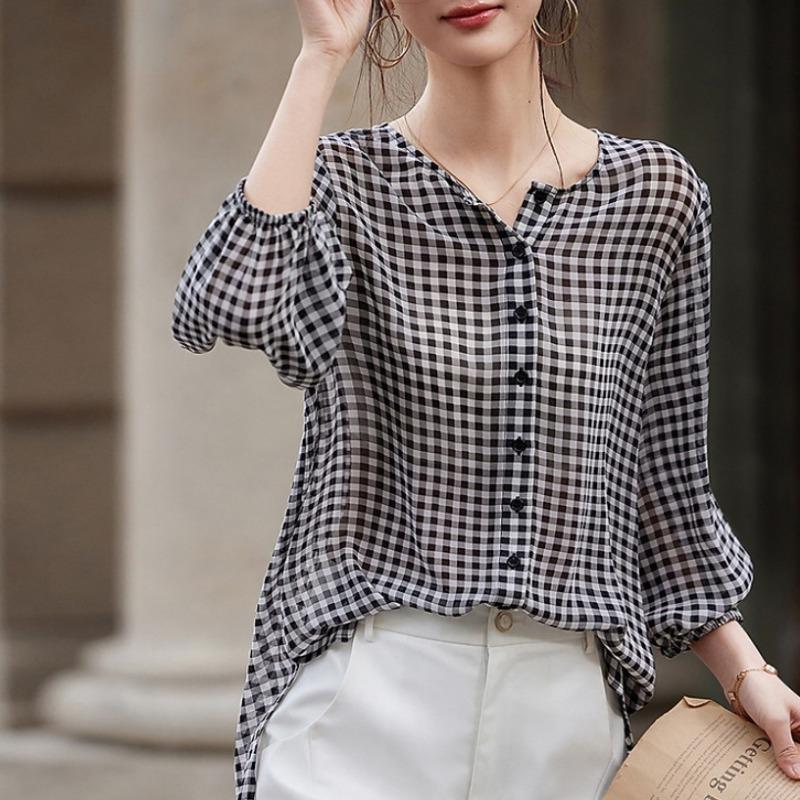 Vintage Plaid Print Three Quarter Sleeve Asymmetrical Hem Chiffon Shirt For Women S