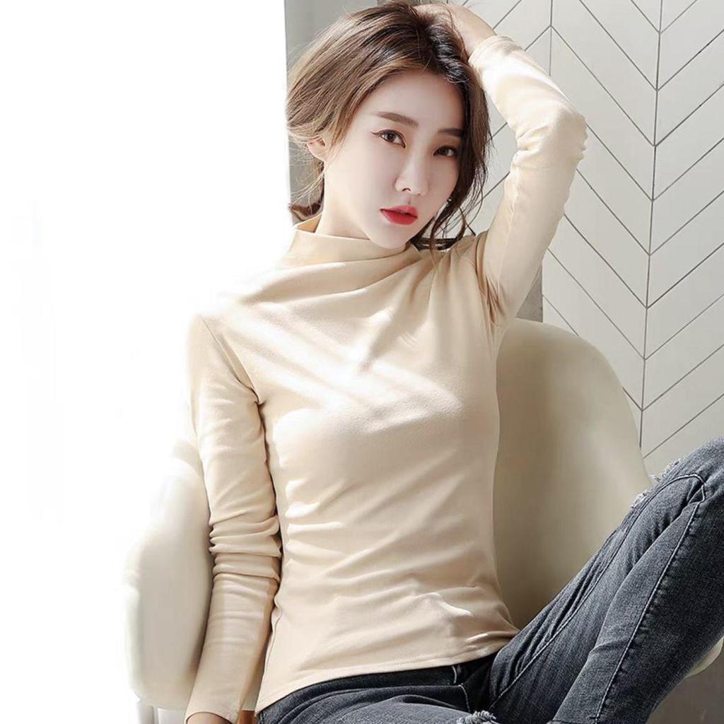 Doppelseitiges Damen-T-Shirt aus deutschem Samt mit halbhohem Kragen und schmalen Ärmeln für Herbst und Winter