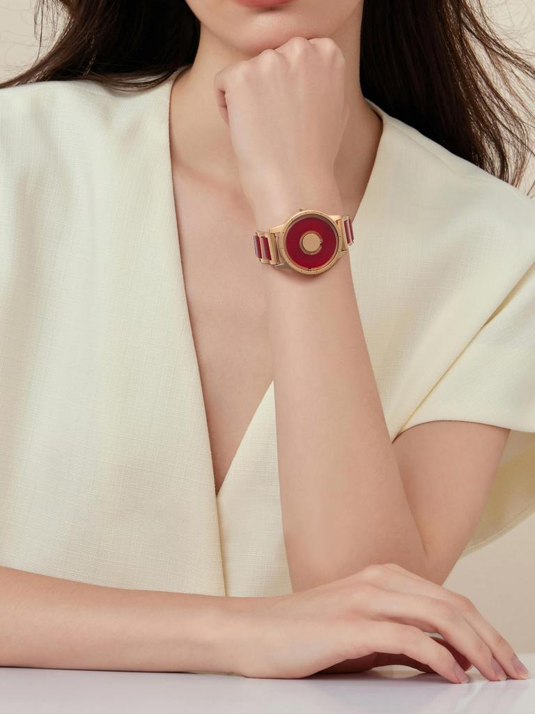 EUTOUR Magnetic Watch with Camouflage and Casual Quartz Magnetic Ball 3 ATM Water 36mm Gold and Red Resin Strap Women's Dial, Stylish, Elegant,