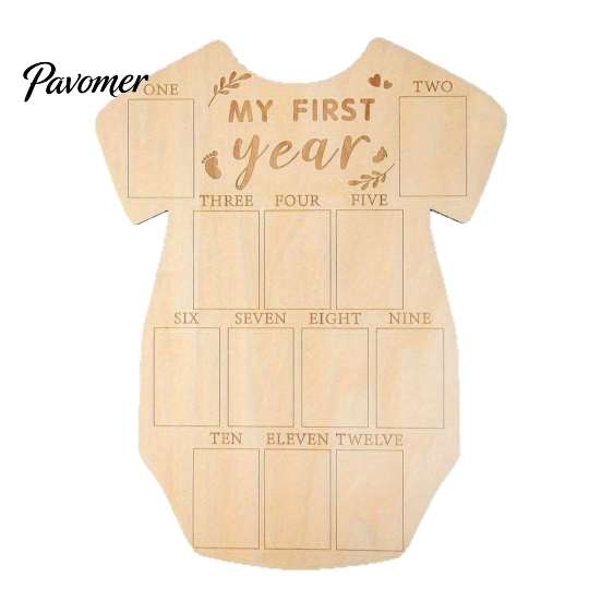 Natural Log Photo Holder Wooden Baby Milestone Frame, My First Year Growth Picture Infant Onesie Shaped Newborn Monthly Memory Keepsake for