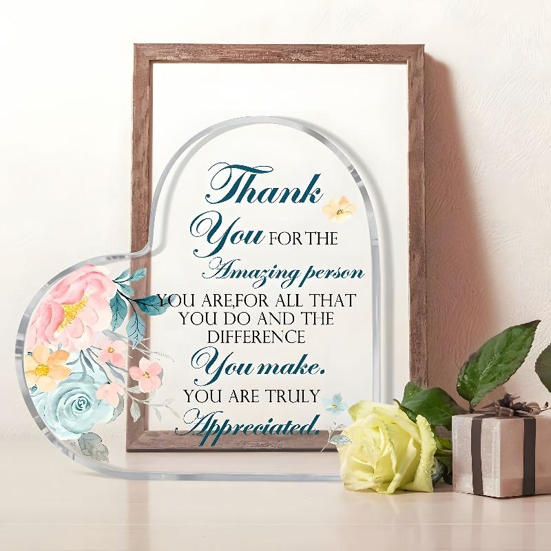 2D Flat, Heart-Shaped Acrylic Thank You Gift Desk Decor Plaque, Inspirational Message & Floral Thank You Card-like Design, Suitable for Wall Decoratio