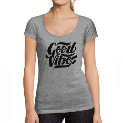 T-shirt Donna Girocollo Scollo Stampa Good Vibes Nero Profondo Lettere