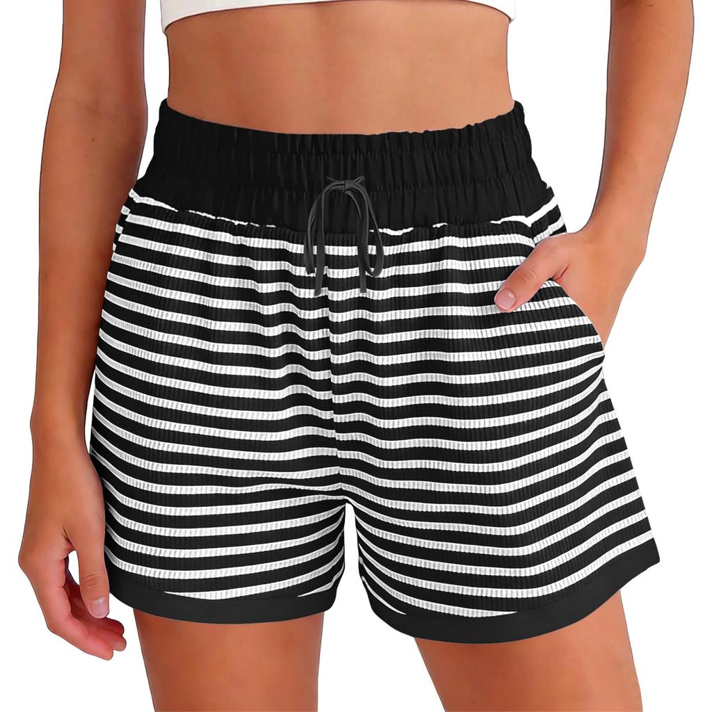 Women's Fashionable Relaxed-fit Striped Shorts With An Elasticated Waist Drawstring And Pockets