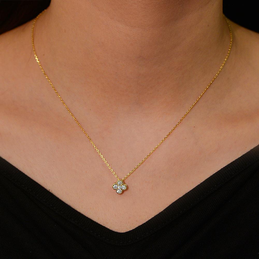 14K Gold-Plated S925 Sterling Silver Four-Leaf Clover Pendant Necklace with Zircon 14K Gold