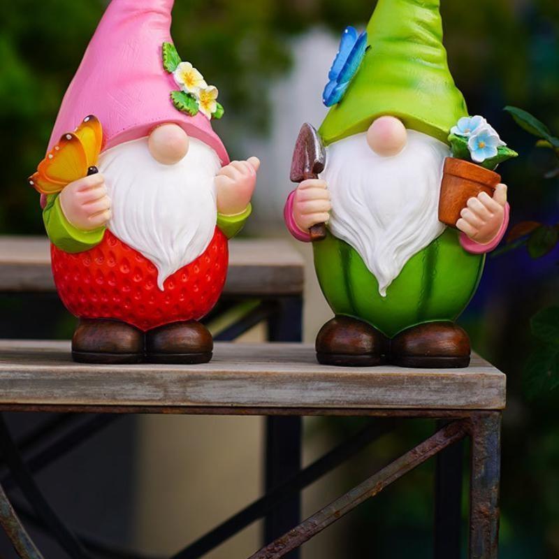 Watermelon Faceless Dwarf Sculpture Resin Solar Lamp Ornaments Outdoor Cute Fruit Spirit Statue Butterfly Flower Garden Crafts