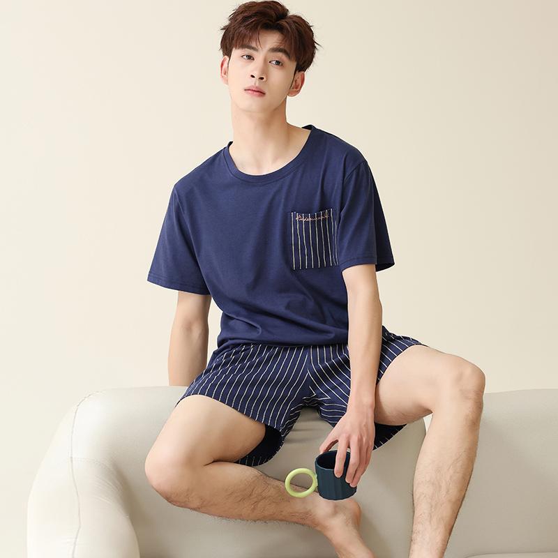 2025 summer thin cotton Men Pajamas short Sleeve tops and shorts sleepwear plaid Student Pajamas set casual plus size Pullovers Homewear