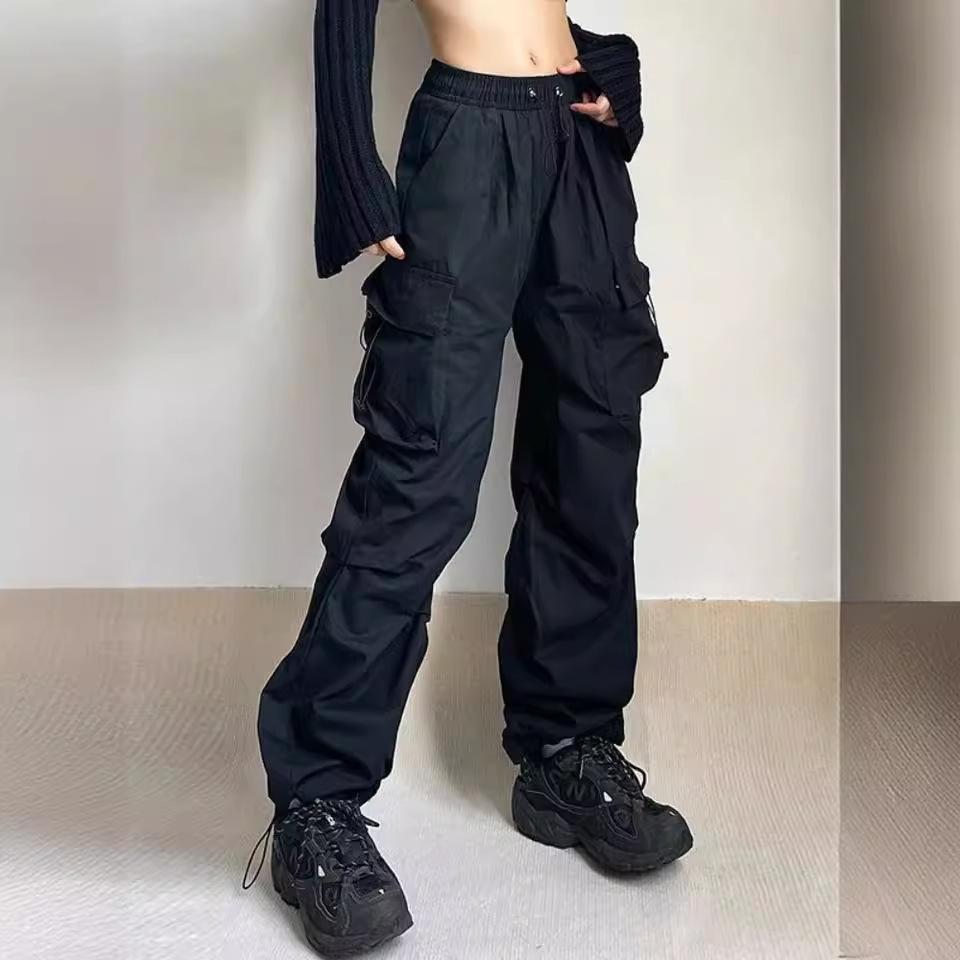 

American High Street Hip Hop Harajuku Vintage Straight Tooling Casual Pants Pocket Pleated Parachute Pants Loose Long Pants S чёрный