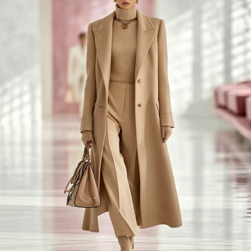 Trench da Donna in Misto Lana Manica Lunga Monopetto Lunghezza Media Cintura da Legare Capospalla Casual Stile Coreano
