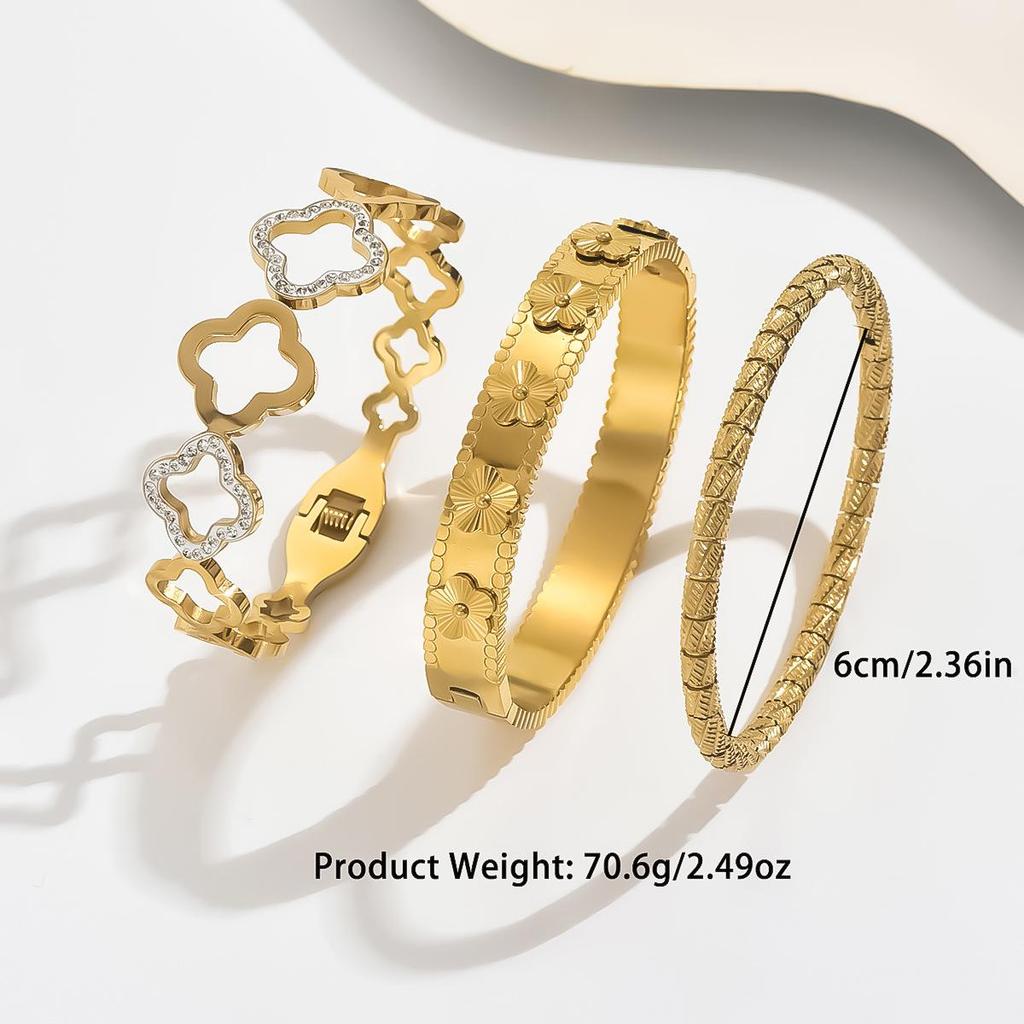 Korean Elegant 18K Gold-Plated Four-Leaf Clover Rhinestone Stainless Steel Bracelet for Women