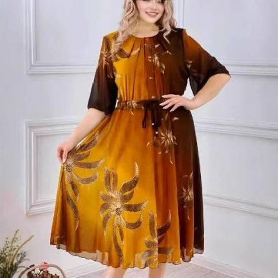 Rochie Europeană și Americană Retro cu Imprimeu, Mâneci Șapte Sferturi, Protecție Solară, Lungime Medie