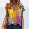 Sommer V-hals 3D Blomstertrykt Topp Moteable Casual Kortermet Dame T-skjorter