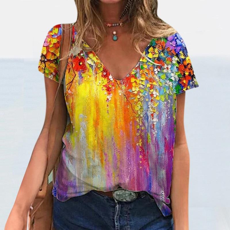 Sommer V-hals 3D Blomstertrykt Topp Moteable Casual Kortermet Dame T-skjorter