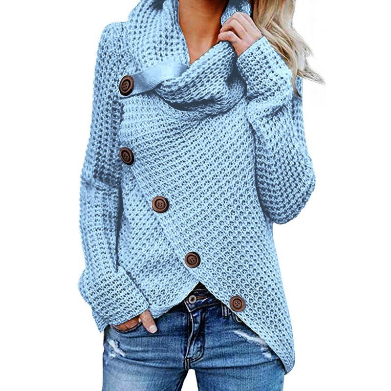 2024 Autumn and Winter New High-neck Long Sleeve Irregular Oblique Button Sweater Sweater Solid Color Thin Shirt
