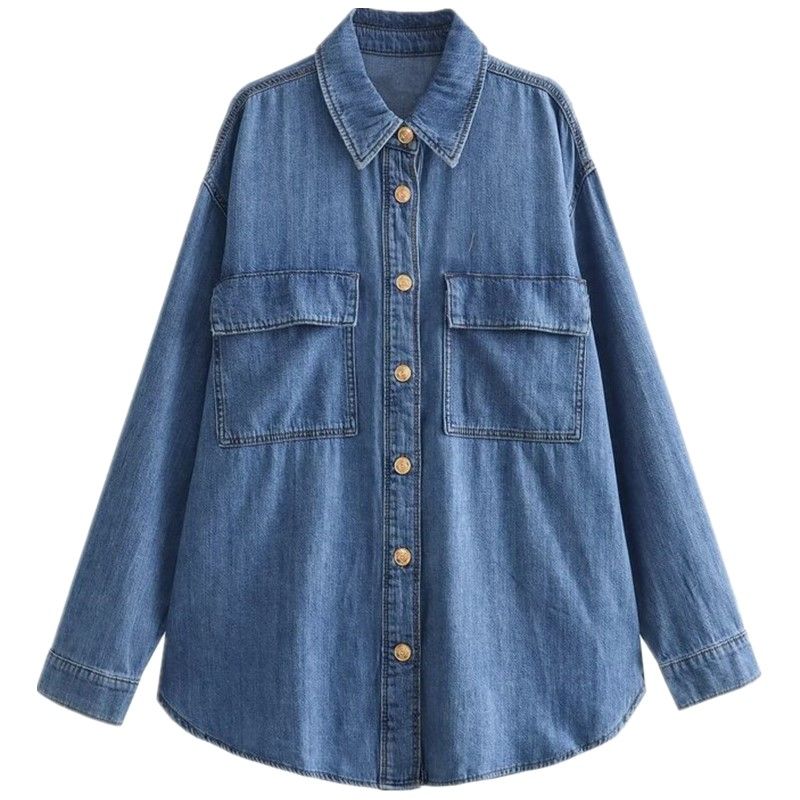 

Fall Women s Clothing Slim Looking Easiest for Match Patch Pocket Denim Shirt Blue L