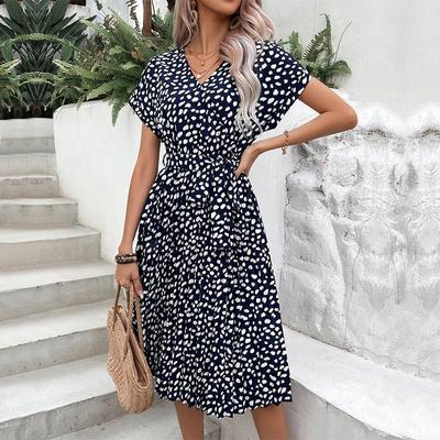 Summer Women Short Sleeve Leopard Print Dress with Rotator Sleeve V Neck Mid-Calf