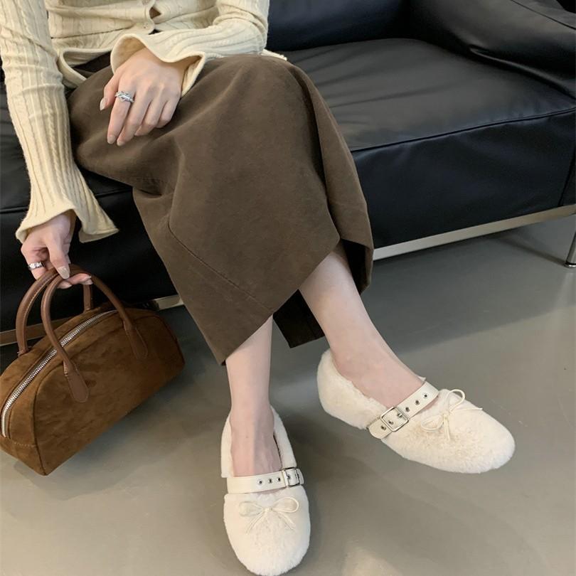 2025 Autumn and Winter Comfortable Versatile Round Head Soft Sole Cotton Shoes Bow Belt Buckle Flat Bottom Fluffy Shoes