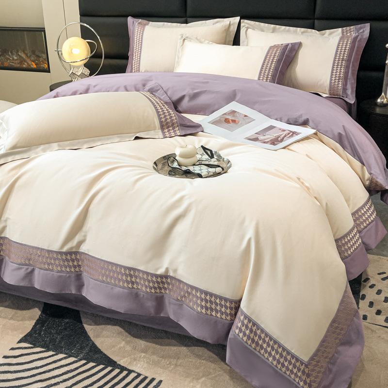 Set da quattro pezzi per letto in cotone a fibra lunga di classe A, lenzuolo con angoli ricamato, lenzuolo con angoli, copripiumino, puro cotone, ad alta densità, ad alto numero di titoli