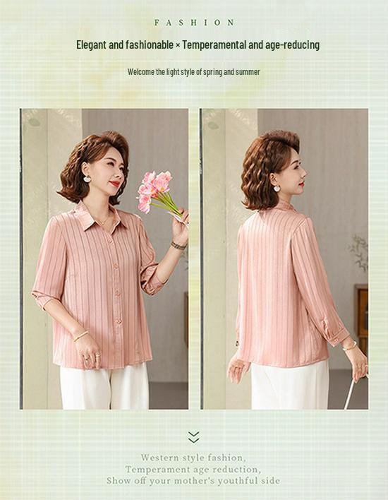 Stylish Striped Seven-Sleeve Blouse for Middle-Aged Moms - Trendy, Slimming Cardigan Shirt