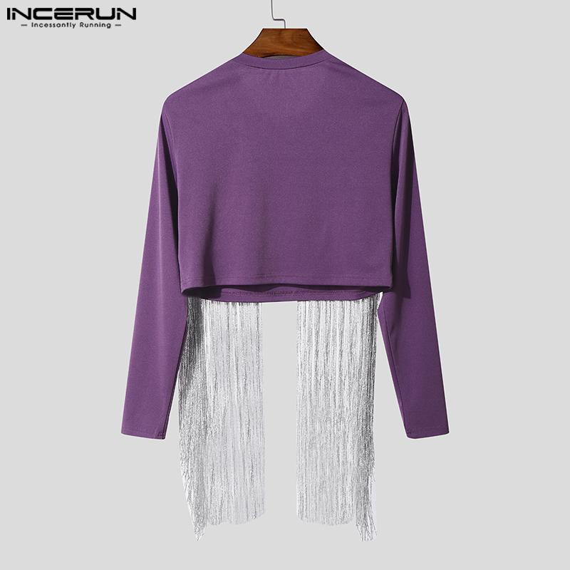 INCERUN Men O Neck Long Sleeve Front Glitter Tassel Short Crop Tops