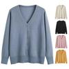 Women Sweater Coat V-neck Long Sleeve Single Breasted Knitting Sweater Solid Color Ribbed Trim