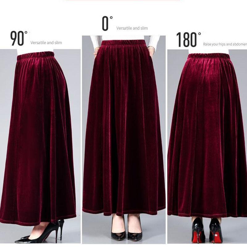 Women's Plus Size Skirt Solid Color High-Waist Gold Velvet Skirt Spring Autumn Long A-Line Skirt