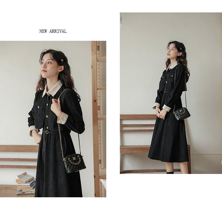 Elegant French Retro Waist-Cinched Corduroy Dress for Women - Slimming, Two-Piece Faux Design for Spring and Autumn