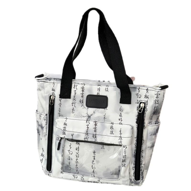 New new Chinese large-capacity messenger bag, ink painting, national style, retro shoulder tote bag, transparent pain bag for students in class