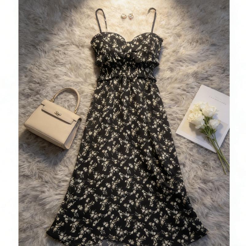 Floral Tube Top Dress Women's Inner Cover Waist Split Suspender Black Long Skirt Spring New Coffee Break Dress